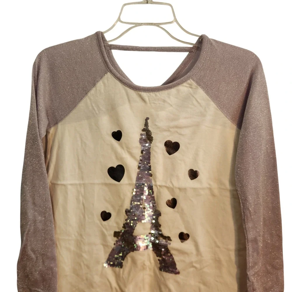 Justice Girls‎ Size 12 Top Long Sleeve Paris Eiffel Tower Hearts Sequined New
